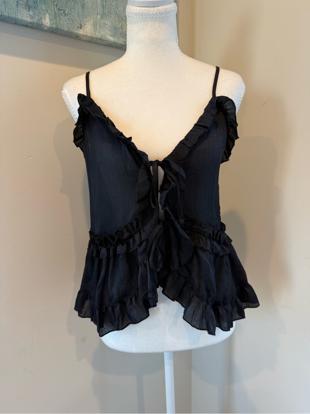 House of Harlow 1960 Black Ruffled Tie-Front Coquette Camisole S